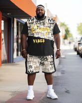 Men's Large Size Street King Vibes Color Block Graffiti Short Sleeve Shorts Suit